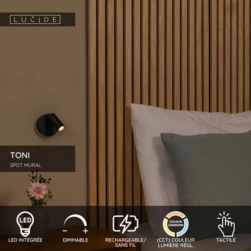 Lucide TONI - Spot mural / Applique mural Rechargeable - Batterie/Piles - Ø 8,1 cm - LED Dim. - CCT - 1x2W 2700K/4000K - Magnétique - Noir - USP